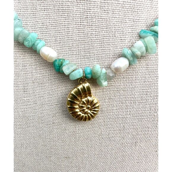 Natural Turquoise Amazonite and Freshwater Pearl Necklace with Nautilus Pendant - Picture 3 of 5